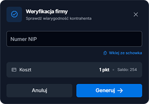 Krok 1 weryfikacji kontrahenta: Wprowadź NIP firmy